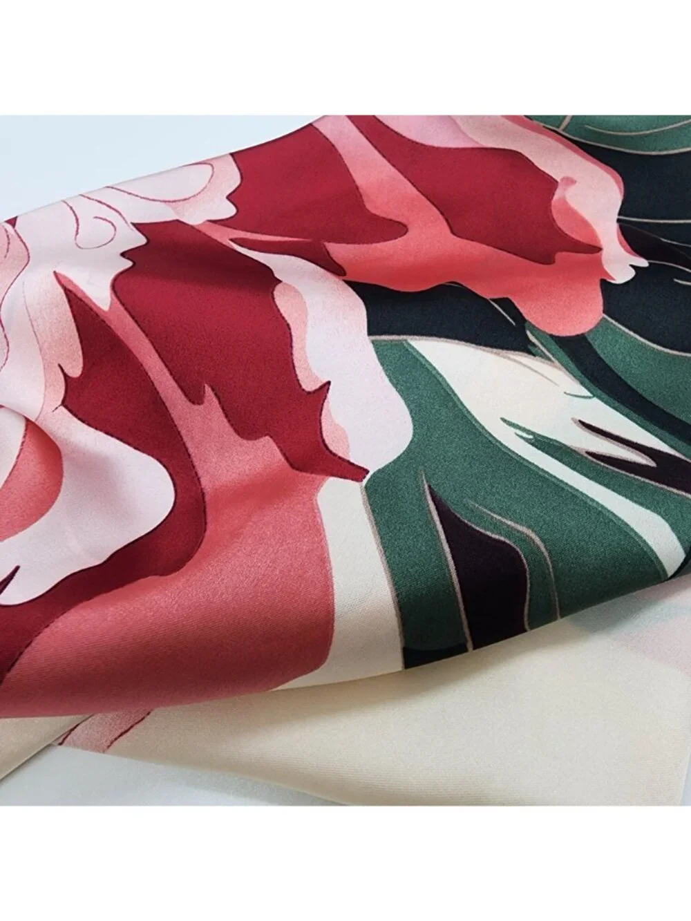 ✨Large Floral Soft Scarf Square Silky Head Neck Wrap Green Pink Flower Accessory - Picture 2 of 4